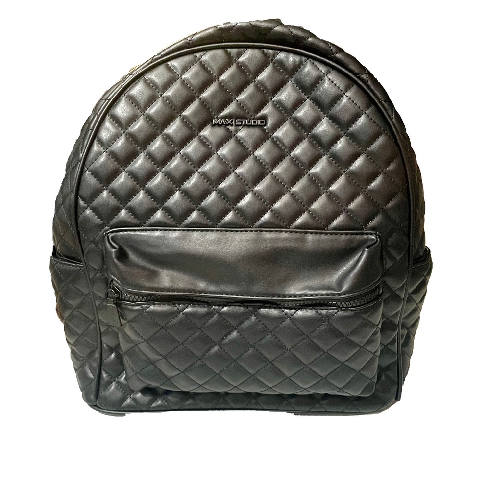 MAX STUDIO: Black Faux/Nylon Leather Quilted Design BACKPACK